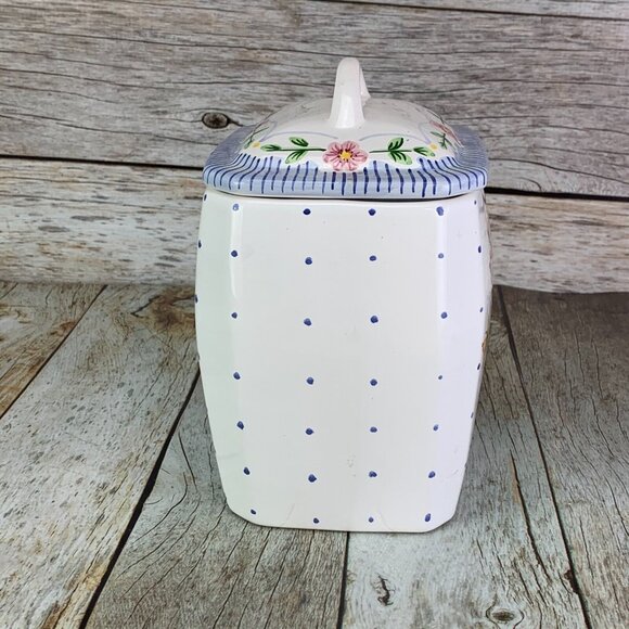 CasaFine Hand Painted Blue Polka Dot Butterfly Pink Flower Canister Jar Portugal - Picture 2 of 10